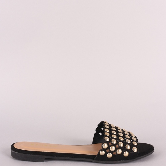 Black Vegan Bamboo Suede Dome Studded Slide - Picture 3 of 3